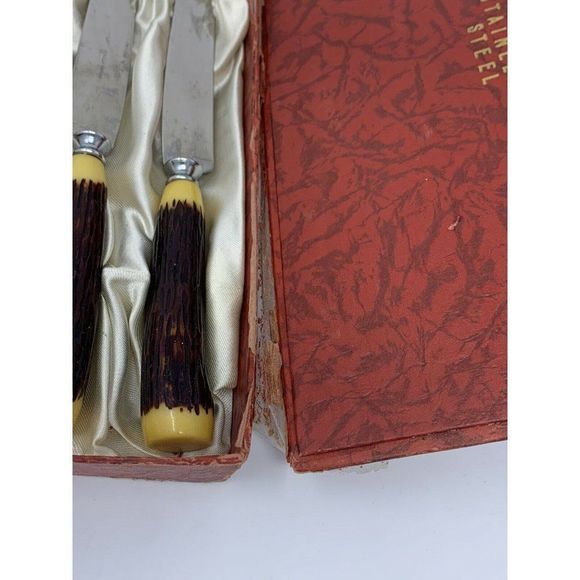 Rare VTG Glo-Hill FAUX STAG BONE And BAKELIGHT DINKEE KNIVES Boxed Set 6 - Picture 5 of 12